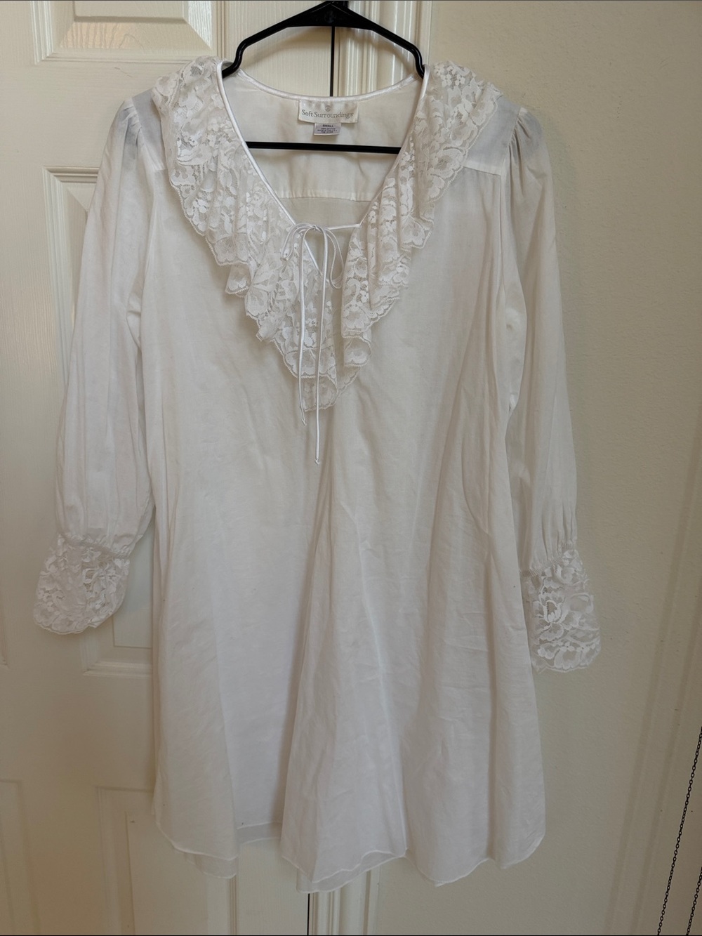 Soft Surroundings White Lace-Trim Long Sleeve Nightdress